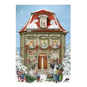 Brown House Victorian Christmas House Advent Calendar Card 11.5 x 16.5 cm Design by Barbara Behr.. Iridescent glitter. Envelope