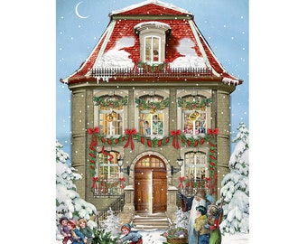 Brown House Victorian Christmas House Advent Calendar Card 11.5 x 16.5 cm Design by Barbara Behr.. Iridescent glitter. Envelope
