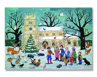 Può includere: Un'illustrazione colorata raffigura una scena invernale con una chiesa, un albero di Natale decorato e un gruppo di cantori di canti natalizi. Vari animali, tra cui cervi, conigli e uccelli, sono sparsi nel paesaggio innevato. L'opera d'arte ha uno stile stravagante.