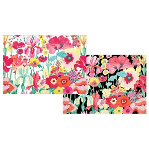 May include: Two floral patterns, one on a white background and the other on a black background. Both patterns feature a variety of colourful flowers, including red, pink, yellow, and blue.