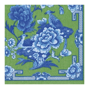 Caspari Green and Blue Plate Floral Paper Table Napkins 33 cm square 3 ply lunch napkins