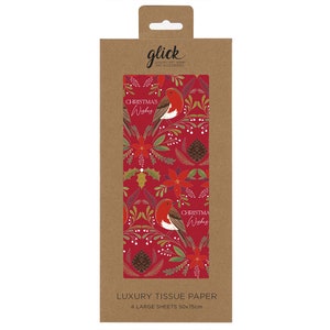 Christmas Wishes Robins Glick Carta da regalo velina 4 fogli 50 x 75 cm piegati in una confezione