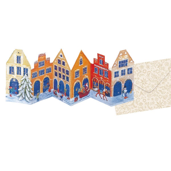 Advent Facades Orange Houses Advent Card with 24 doors and Envelope Concertina 16.5 x 11.5 cm and 24 little doors to open