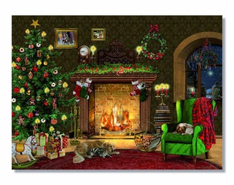 Op de afbeelding: Een gezellige kerstscène met een versierde boom, een open haard en een groene fauteuil. Een hond en een kat rusten op een rood tapijt. De open haard heeft kousen en een krans siert de muur. Cadeaus en een schommelpaard staan bij de boom.