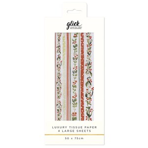 May include: A white packet of luxury tissue paper featuring vertical stripes in red, green, and white, decorated with floral and berry patterns. The pack contains 4 large sheets, each measuring 50 x 75cm. The brand name "glick" is printed at the top.