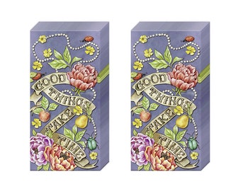 Roslyn Violet Floral Good Things Take Time Tissues 2 packs of 10 IHR Tissues 4 ply 20 cm square