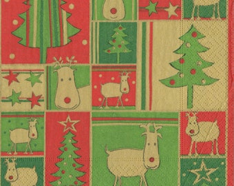 May include: A gold and red patterned Christmas wrapping paper with a repeating design of reindeer, Christmas trees, and stars.