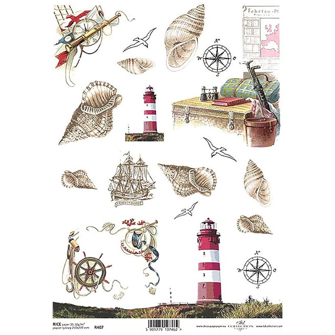 Seaside Beach Sailing Shells Lighthouse ITD A4 Rice Paper Mulberry ...