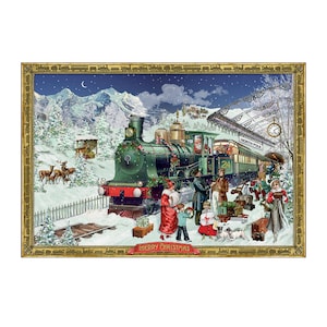 Tarjeta de Adviento con tren y casas por la ciudad. Diseño de Barbara Behr. 16,5 x 11,5 cm. Brillantina iridiscente con sobres.