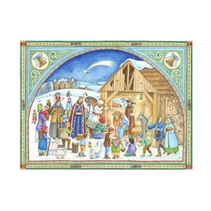 Kerststal Wijze Mannen Richard Sellmer Verlag Traditionele Duitse adventskalenderkaart 105 x 155 mm met envelop en 24 kleine deurtjes om te openen
