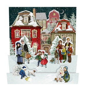Kinderen en honden Winterlandschap Adventskalenderkaart Lenticulair paneel met 3D-effect Ontwerp Barbara Behr 16,5 x 11,5 cm Glitter Goudfolie Envelop