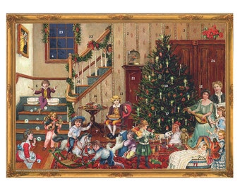 Calendario dell'Avvento tedesco tradizionale della famiglia vittoriana Richard Sellmer, 355 x 265 mm, con finestre glitterate e traslucide