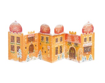 Advent Facades Orange Castle Advent Card with 24 doors and Envelope Concertina 16.5 x 11.5 cm and 24 little doors to open