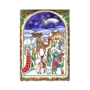 Geboorte Bijbelse Richard Sellmer Verlag Traditionele Duitse adventskalenderkaart 105 x 155 mm met envelop en 24 kleine deurtjes om te openen