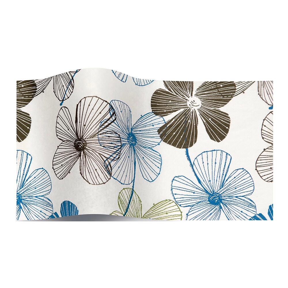 Floral Lines Leaves Flowers Blue Black Green Tissue Wrapping Paper