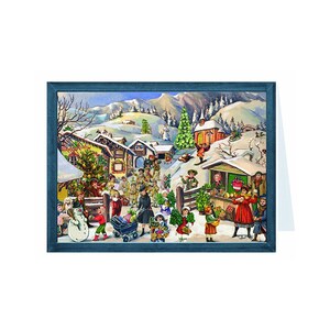 Victoriaanse sneeuwscène Richard Sellmer Verlag Traditionele Duitse adventskalenderkaart 105 x 155 mm met envelop en 24 kleine deurtjes om te openen