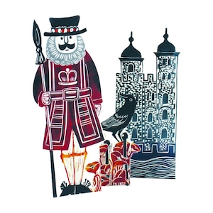 Carte de voeux 3D Judy Lumley Beefeater Tour de Londres avec enveloppe à partir d'oeuvres d'art Lino Cut