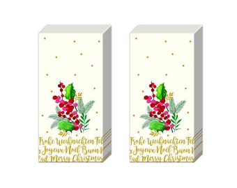 Merry Christmas Holly Tissues 2 packs of 10 IHR Tissues 4 ply 20 cm square