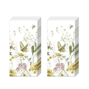 May include: A pack of 20 white paper napkins with a floral design featuring butterflies, daisies, and bees. The napkins have a green, yellow, and pink colour scheme.