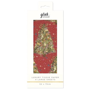 Puede incluir: Papel de seda rojo con un diseño de árbol de Navidad. El papel tiene un patrón repetido de árboles de Navidad con lazos dorados y adornos coloridos. El embalaje dice "Luxury Tissue Paper" y las dimensiones son 50 x 75 cm.