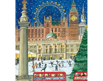 Op de afbeelding: Een kleurrijke geïllustreerde adventskalender met een winterscène in Londen, Engeland. De kalender toont het London Eye, Big Ben, een kerstboom en mensen die schaatsen. De kalender heeft 24 genummerde deurtjes die elke dag tot kerstmis geopend kunnen worden.