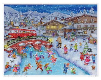 Skating and Bus on the Bridge Richard Sellmer 355 x 265mm Glitter & Translucent Windows Traditional German Advent Calendar