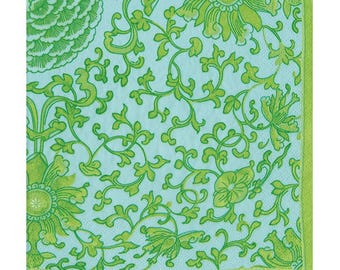 Serwetki koktajlowe papierowe Indigo Garden Jade/Turquoise Caspari 25 cm, 20 szt., 3-warstwowe