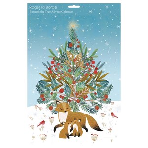 May include: A Christmas advent calendar featuring a snowy forest scene with a fox family and a decorated Christmas tree. The calendar has 24 numbered doors behind which are hidden surprises.