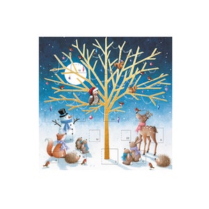 Tier Baum Waldfreunde eckige Adventskarte 153 x 153 mm mit Umschlag und 24 Türchen zum Öffnen
