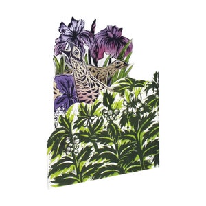 May include: A woodblock print of two birds perched in a field of purple irises and green foliage.