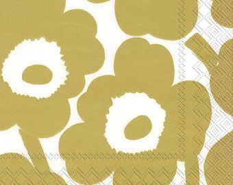 Serviettes de table en papier Marimekko Unikko, cocktail de fleurs, or blanc IHR, 25 cm de côté, 3 épaisseurs