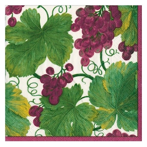 May include: Square paper napkin with a grape and leaf design. The napkin features clusters of purple grapes, green and yellow-green leaves, and curling vines against a white background. The border is a deep magenta colour.