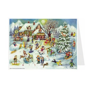 Kinderen skiën Richard Sellmer Verlag Traditionele Duitse adventskalenderkaart 105 x 155 mm met Env en 24 kleine deurtjes om te openen
