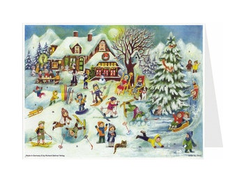 Children Skiing Richard Sellmer Verlag Traditional German Advent Calendar Card 105 x 155 mm with Env and 24 little doors to open