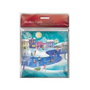 Skaten op het dorp Vijverplein Medici-adventkaart 153 x 153 mm met envelop en 24 deurtjes om te openen