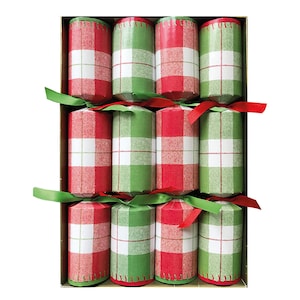 May include: A set of twelve Christmas crackers with red and green plaid patterns. The crackers are arranged in a box and tied with red and green ribbons.