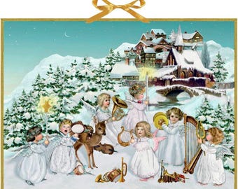 May include: A vintage Christmas card featuring a winter scene with angels playing musical instruments. The angels, dressed in white robes and wings, are gathered in a snowy landscape with a village in the background. A gold bow adorns the top.