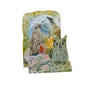 Novo cartão comemorativo com três dobras para pássaros caseiros e envelope da Lino Cut Artwork