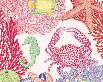 Servilletas de papel para mesa Caspari Under the Sea Seahorse Crab Coral, 33 cm x 3 capas.