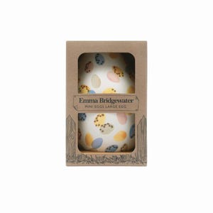 Può includere: Un grande oggetto in ceramica a forma di uovo con base bianca, decorato con pois colorati nei toni del blu, giallo e rosa. L'uovo è confezionato in una scatola di cartone marrone con la scritta "Emma Bridgewater MINI EGGS LARGE EGG".