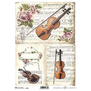 Violen, muziekpartituren en roze bloemen Rijstpapier ITD A4 Rijstpapier Moerbeipapier voor decoupage 210 x 297 mm Gratis post in VK