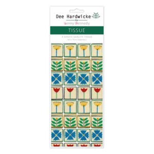 May include: A pack of decorative tissue paper with a repeating pattern of floral designs in yellow, blue, and red on a cream background. The package reads "Dee Hardwicke for Benny Kennedy TISSUE".