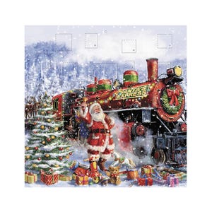 Peut inclure: Calendrier de l'Avent de Noël festif avec un train rouge nommé "Santa's Express" et le Père Noël sonnant une cloche. La scène comprend un sapin de Noël décoré, des cadeaux et un fond d'hiver enneigé.