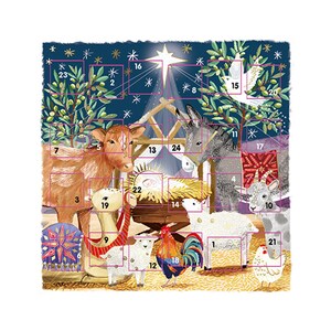 Boerderij Kerststal Adventskaart 159 x 159 mm met envelop en 24 deurtjes om te openen