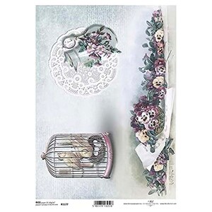 Vogelkooi met kan en paarse bloemen Papier ITD A4 Rijstpapier Moerbeipapier voor decoupage 210 x 297 mm Gratis post in Groot-Brittannië