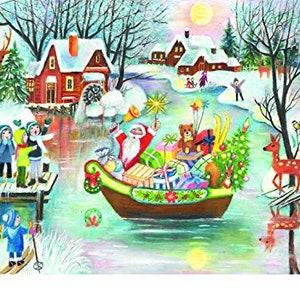 Kerstman met boot Richard Sellmer Verlag Traditionele Duitse adventskalenderkaart 105 x 155 mm met Env en 24 kleine deurtjes om te openen