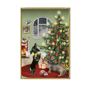 Honden Design Adventskalenderkaart Barbara Behr 16,5 x 11,5 cm iriserende glitter goudfolie met env en 24 deurtjes om te openen