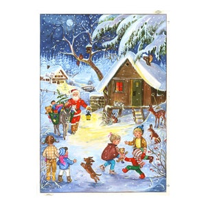 Sneeuwtafereel Santa Richard Sellmer Verlag Traditionele Duitse adventskalenderkaart 105 x 155 mm met envelop en 24 kleine deurtjes om te openen
