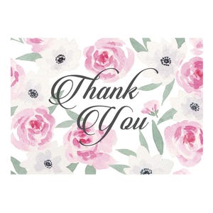 Könnte beinhalten: Eine weiße Karte mit einem Aquarell-Blumenmuster in Rosa- und Weißtönen. Der Text "Danke" ist in schwarzer Kursivschrift geschrieben.