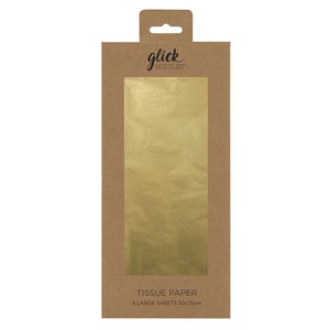 May include: A pack of gold tissue paper with the text "glick LUXURY GIFT WRAP AND ACCESSORIES" and "TISSUE PAPER 4 LARGE SHEETS 50x75cm" on the front.